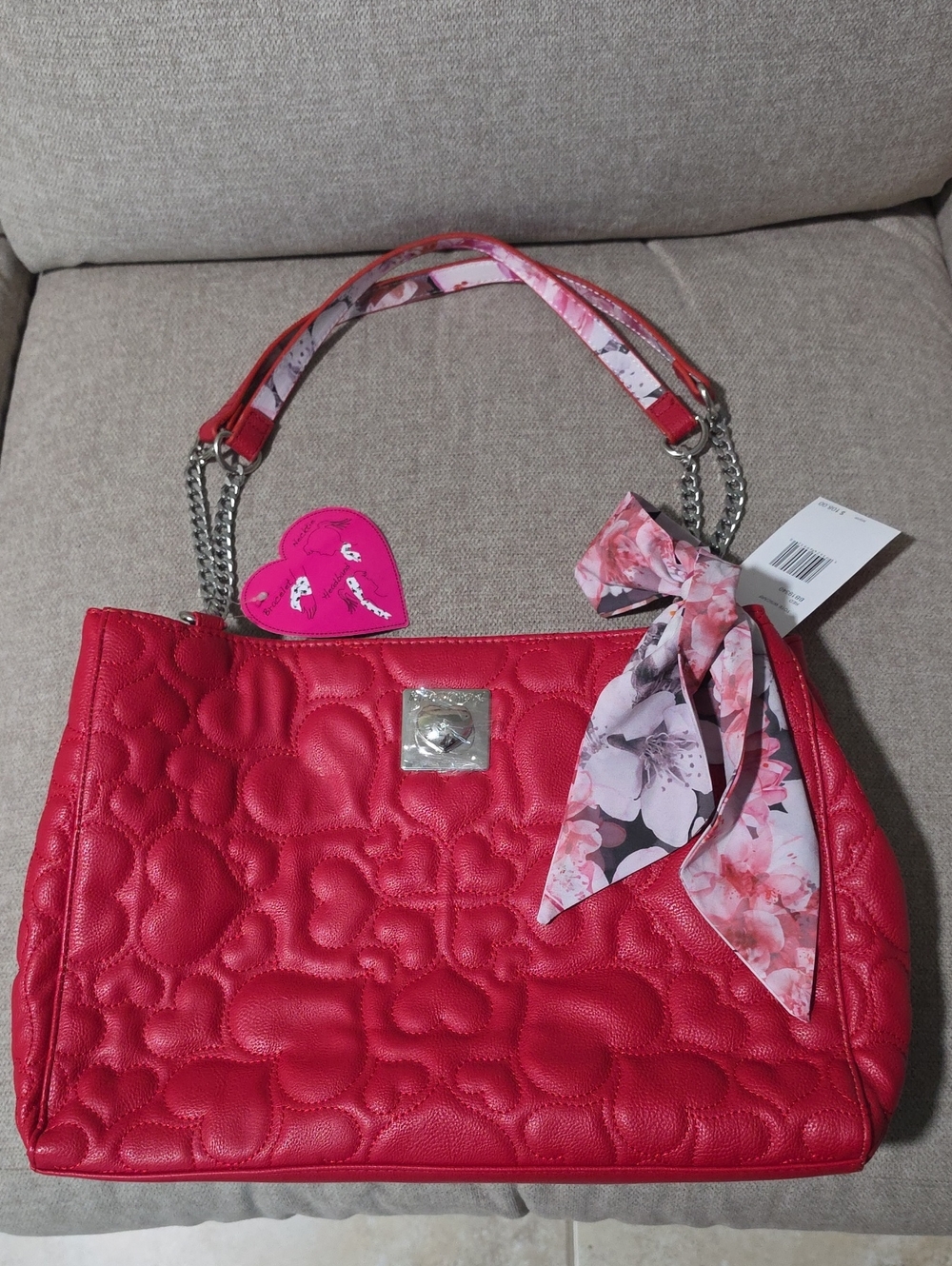 Betsey Johnson Red Quilted Heart-Pattern Shoulder Bag with Floral Scarf Accent